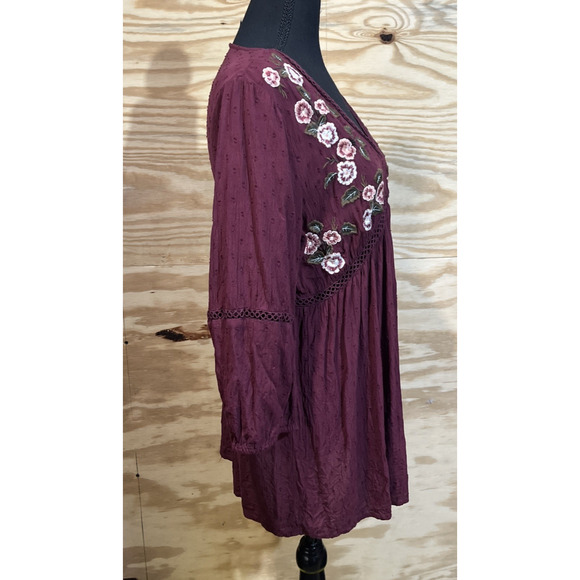 Arizona Babydoll Tunic Top Embroidered Burgundy Size Large Boho Peasant Y2K - Picture 4 of 10